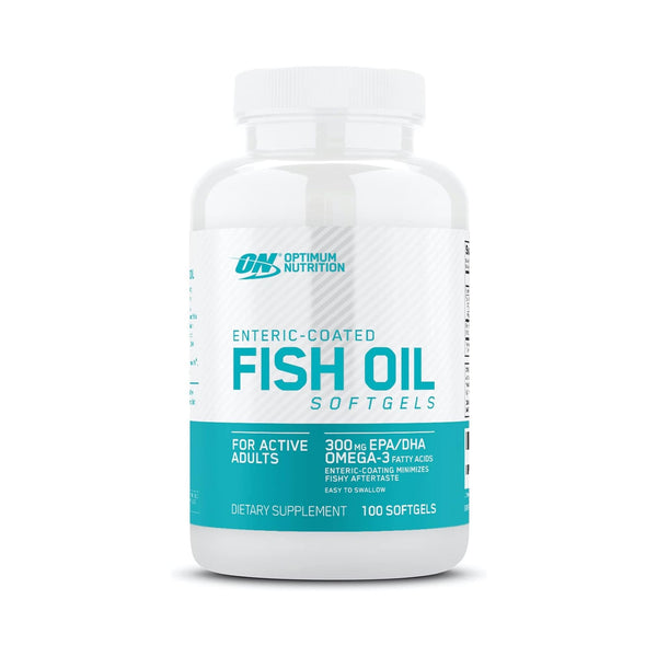 A white plastic bottle of Optimum Nutrition Enteric-Coated Fish Oil Softgels, featuring a white and teal label, on a clean white background.