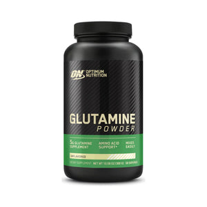 A black plastic bottle of Optimum Nutrition Glutamine Powder with a black cap, featuring a black label with a diagonal carbon-fiber pattern and a green band at the bottom.