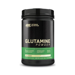 Optimum Nutrition Glutamine Powder in a black plastic tub with a black and green label, shown on a white background.