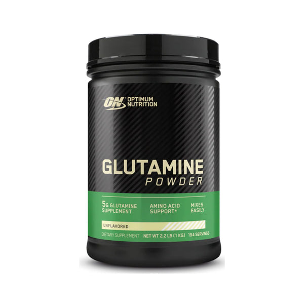 Optimum Nutrition Glutamine Powder in a black plastic tub with a black and green label, shown on a white background.