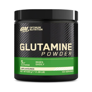 Optimum Nutrition Glutamine Powder in a black plastic tub with a black lid, featuring a label with a diagonal carbon-fiber texture, beige text, and a green band at the bottom.