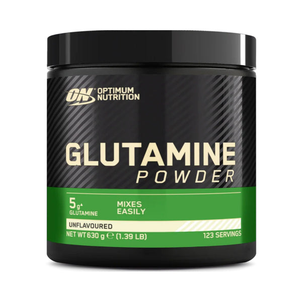 Optimum Nutrition Glutamine Powder in a black plastic tub with a black lid, featuring a label with a diagonal carbon-fiber texture, beige text, and a green band at the bottom.