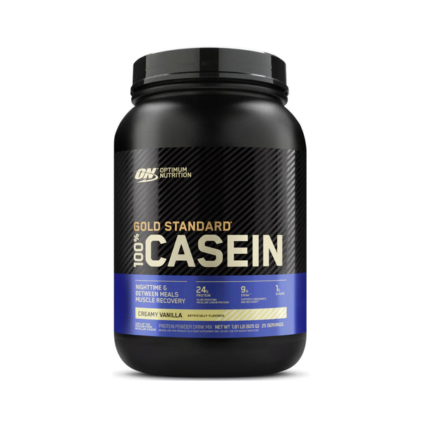 A black tub of Optimum Nutrition Gold Standard 100% Casein protein powder in Creamy Vanilla flavor, shown on a clean white background.