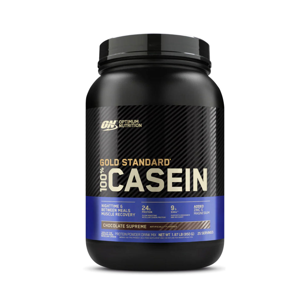 A black tub of Optimum Nutrition Gold Standard 100% Casein Chocolate Supreme powder, featuring a black and blue label with gold and white text, set against a plain white background.