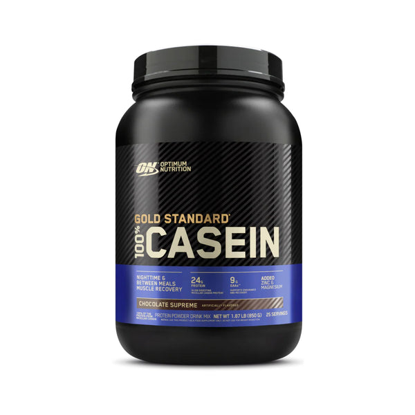 A black tub of Optimum Nutrition Gold Standard 100% Casein Chocolate Supreme powder, featuring a black and blue label with gold and white text, set against a plain white background.