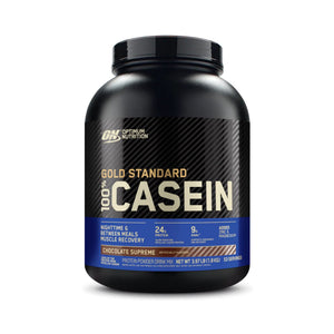 Optimum Nutrition Gold Standard 100% Casein Chocolate Supreme protein powder tub on a white background.