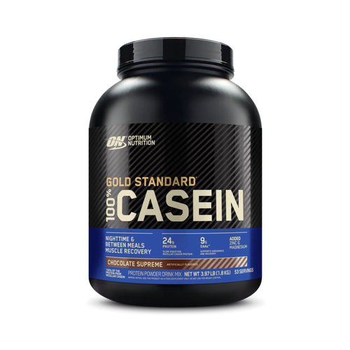 Optimum Nutrition Gold Standard 100% Casein Chocolate Supreme protein powder tub on a white background.