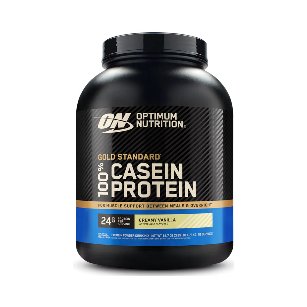 Optimum Nutrition 100% Casein Protein powder tub in Creamy Vanilla flavor, 3.75 lbs container, on a white background.