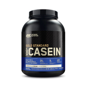 A black plastic tub of Optimum Nutrition Gold Standard 100% Casein protein powder in Cookies & Cream flavor, shown on a clean white background.