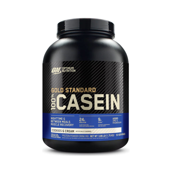 A black plastic tub of Optimum Nutrition Gold Standard 100% Casein protein powder in Cookies & Cream flavor, shown on a clean white background.