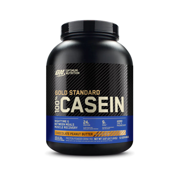 Optimum Nutrition Gold Standard 100% Casein Chocolate Peanut Butter protein powder drink mix tub, 3.5L container, on a white background.