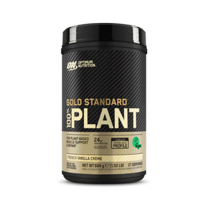 Optimum Nutrition Gold Standard 100% Plant Protein Powder in French Vanilla Creme flavor, in a black tub with a black lid and gold and white text, on a white background.