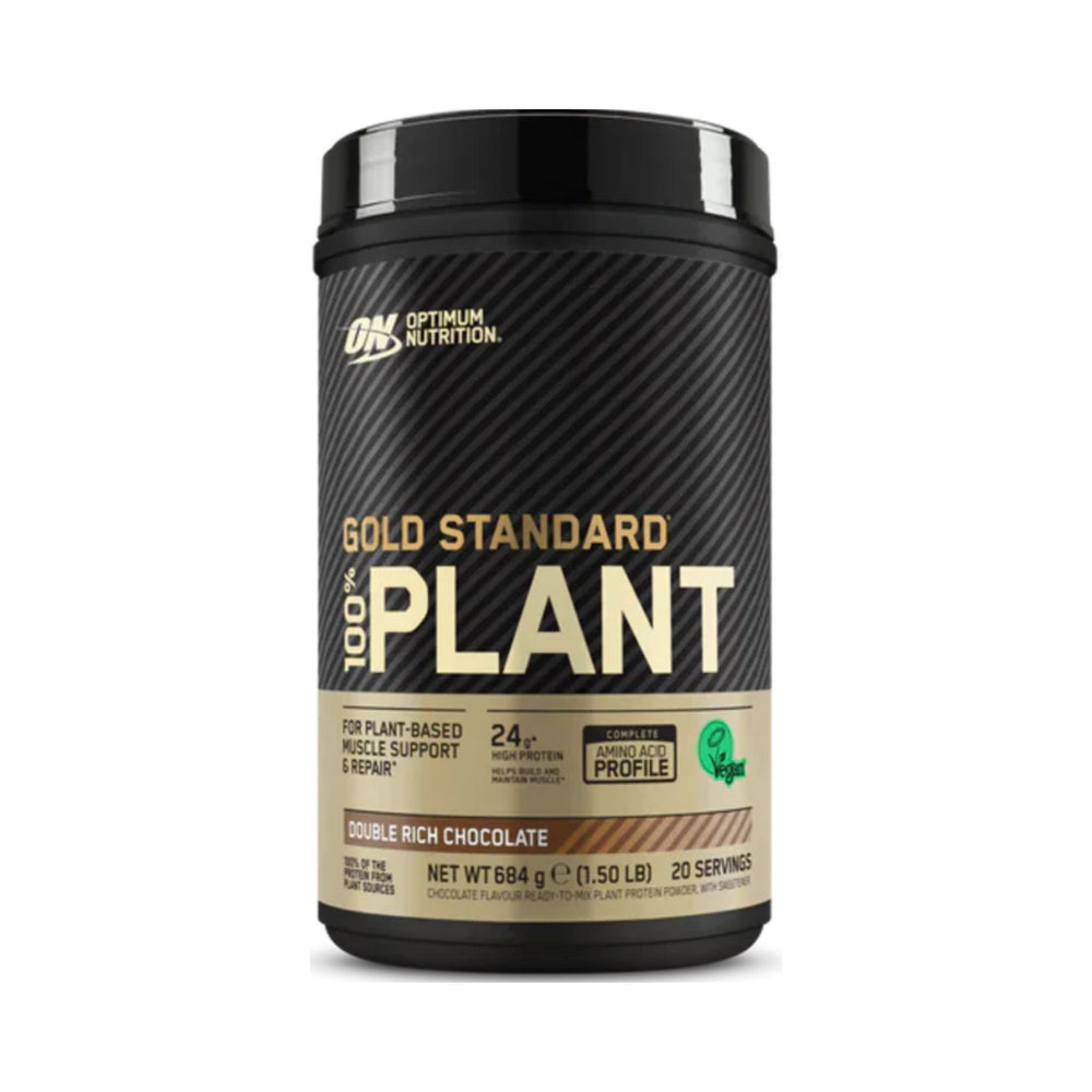 Optimum Nutrition Gold Standard 100% Plant Double Rich Chocolate powder supplement container, 684g (23.97 lbs), on a white background.