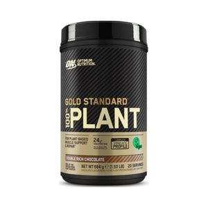 Optimum Nutrition Gold Standard 100% Plant Double Rich Chocolate powder supplement container, 684g (23.97 lbs), on a white background.