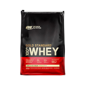 A 20 lb bag of Optimum Nutrition Gold Standard 100% Whey Vanilla Ice Cream flavor, featuring a black and red design with gold lettering.