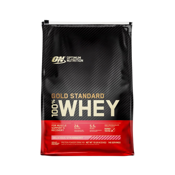 A 10 lb bag of Optimum Nutrition Gold Standard 100% Whey Delicious Strawberry flavor, shown on a clean white background.