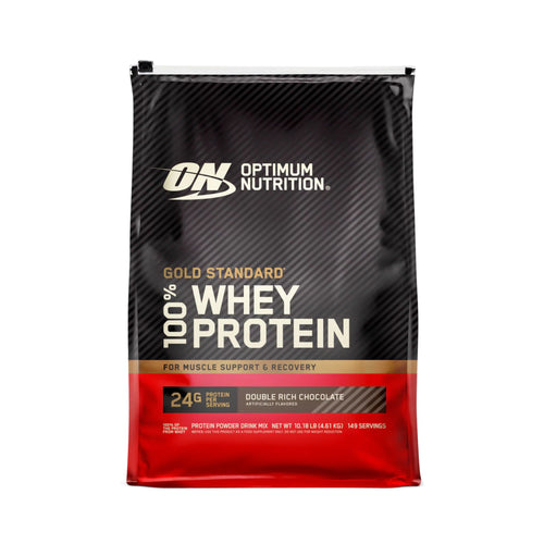 A 4 lb bag of Optimum Nutrition Gold Standard 100% Whey Protein in Double Rich Chocolate flavor, shown on a plain white background.