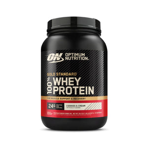 Optimum Nutrition Gold Standard 100% Whey Protein in a Cookies & Cream flavor, shown in a black plastic tub with a black lid on a white background.