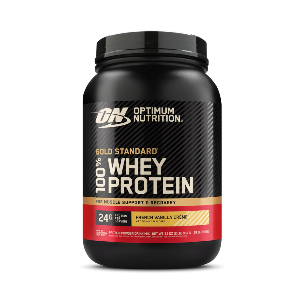 A black tub of Optimum Nutrition Gold Standard 100% Whey Protein in French Vanilla Crème flavor, shown on a clean white background.