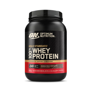 A black tub of Optimum Nutrition Gold Standard 100% Whey Protein powder in Double Rich Chocolate flavor, shown on a clean white background.