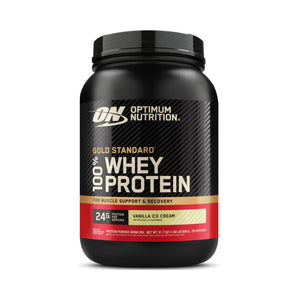 A black tub of Optimum Nutrition Gold Standard 100% Whey Protein in Vanilla Ice Cream flavor, shown on a clean white background.