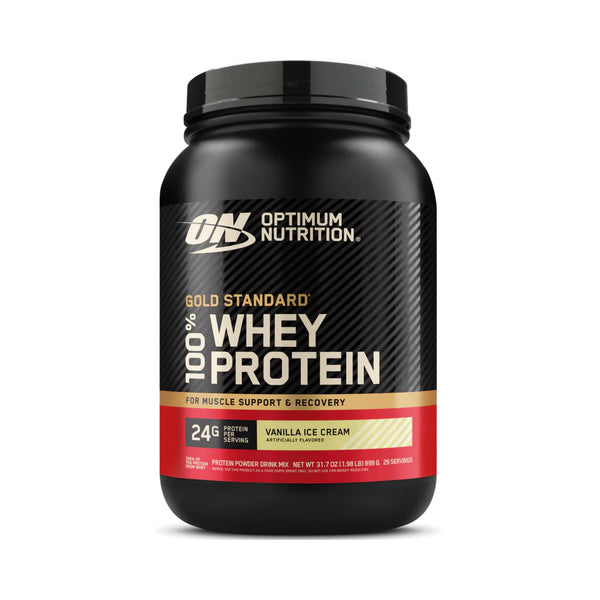 A black tub of Optimum Nutrition Gold Standard 100% Whey Protein in Vanilla Ice Cream flavor, shown on a clean white background.