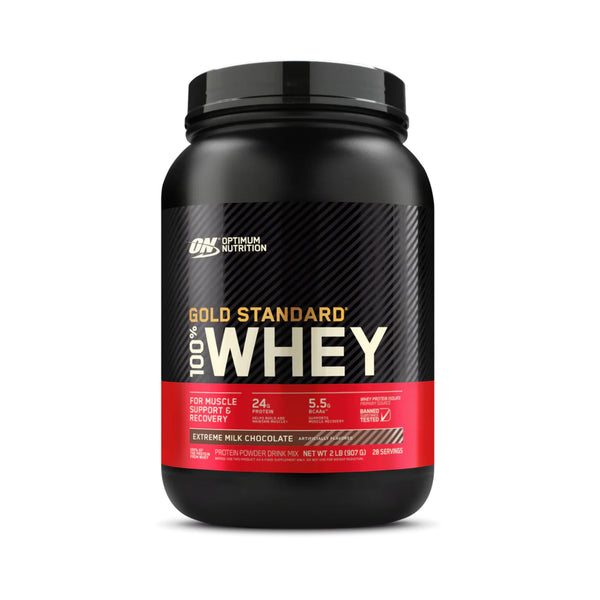 A black tub of Optimum Nutrition Gold Standard 100% Whey protein powder in Extreme Milk Chocolate flavor, shown on a clean white background.