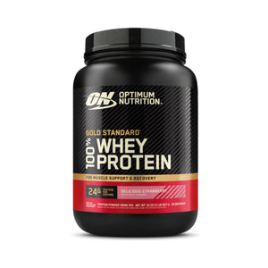Optimum Nutrition 100% Whey Protein powder tub in Delicious Strawberry flavor, 246 g, on a white background.