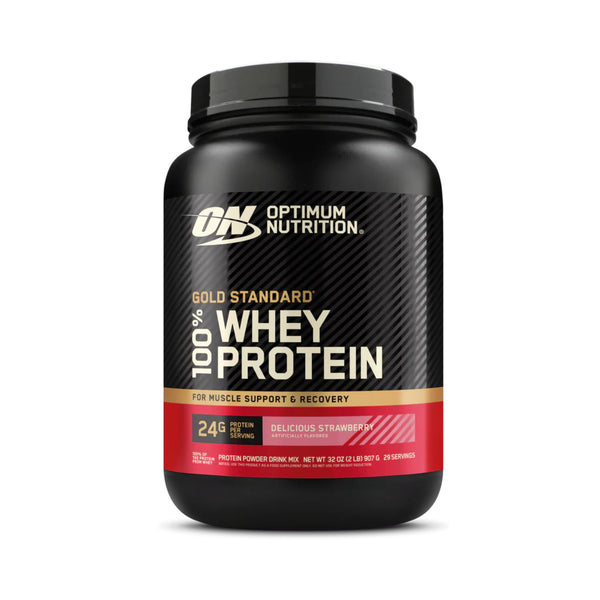 Optimum Nutrition 100% Whey Protein powder tub in Delicious Strawberry flavor, 246 g, on a white background.