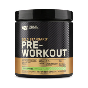 Optimum Nutrition Gold Standard Pre-Workout supplement container in Green Apple flavor, featuring a black jar with a gold and white label on a white background.