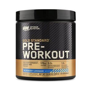 Optimum Nutrition Gold Standard Pre-Workout supplement container in Blueberry Lemonade flavor, featuring a black jar with a gold and white label.