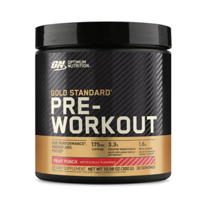 Optimum Nutrition Gold Standard Pre-Workout supplement container in Fruit Punch flavor, featuring a black jar with a gold and white label on a white background.