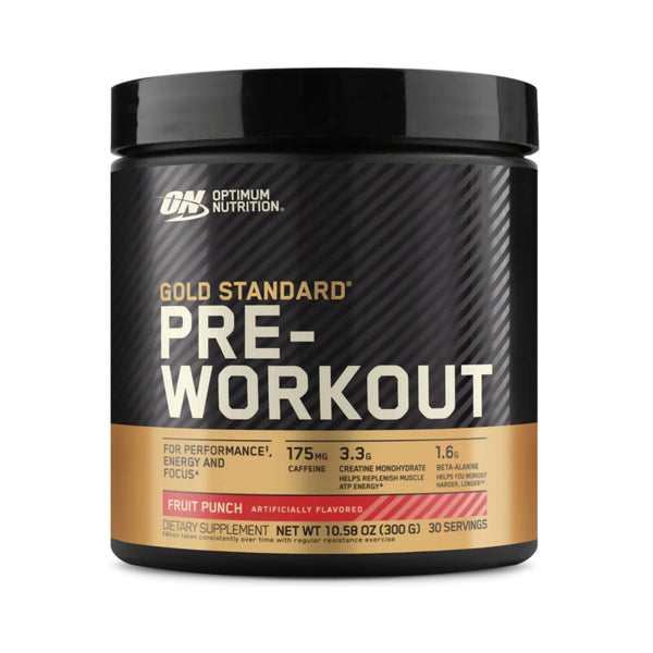 Optimum Nutrition Gold Standard Pre-Workout supplement container in Fruit Punch flavor, featuring a black jar with a gold and white label on a white background.