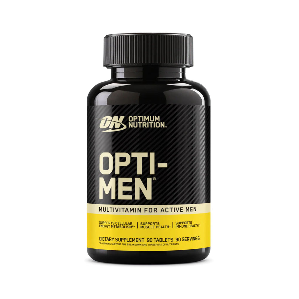 Optimum Nutrition Opti-Men Multivitamin dietary supplement bottle, 90 tablets, 30 servings, on a white background.