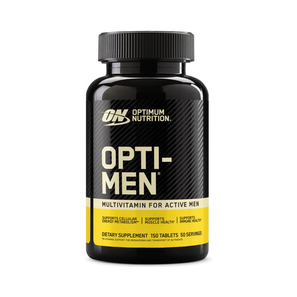 Optimum Nutrition Opti-Men Multivitamin bottle for men, featuring a black bottle and cap with a black label, gold text, and a yellow band near the bottom, on a white background.