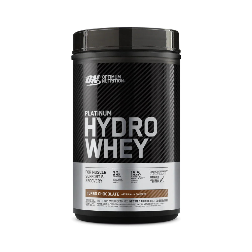 Optimum Nutrition Platinum Hydro Whey protein powder tub in Riso Chocolate flavor, shown on a clean white background.