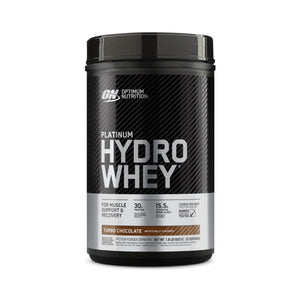 Optimum Nutrition Platinum Hydro Whey protein powder tub in Riso Chocolate flavor, shown on a clean white background.