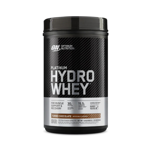 Optimum Nutrition Platinum Hydro Whey protein powder tub in Riso Chocolate flavor, shown on a clean white background.