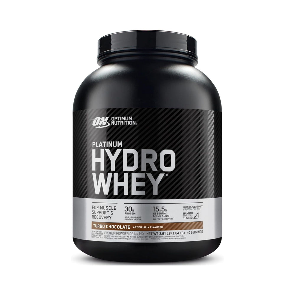Optimum Nutrition Platinum Hydro Whey in Rumin's Chocolate flavor, in a large black plastic tub with a black lid, shown on a white background.