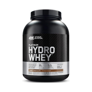 Optimum Nutrition Platinum Hydro Whey in Rumin's Chocolate flavor, in a large black plastic tub with a black lid, shown on a white background.