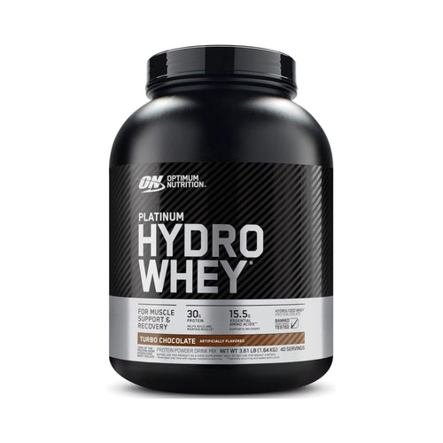 Optimum Nutrition Platinum Hydro Whey in Rumin's Chocolate flavor, in a large black plastic tub with a black lid, shown on a white background.