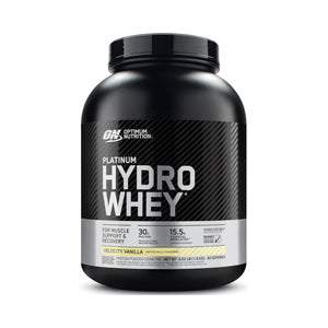 Optimum Nutrition Platinum Hydro Whey in Velocity Vanilla flavor, in a large black plastic tub with a black lid, shown on a white background.