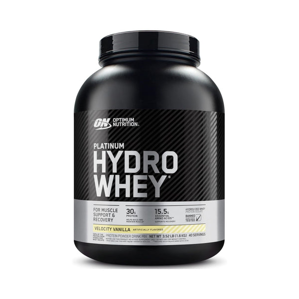 Optimum Nutrition Platinum Hydro Whey in Velocity Vanilla flavor, in a large black plastic tub with a black lid, shown on a white background.