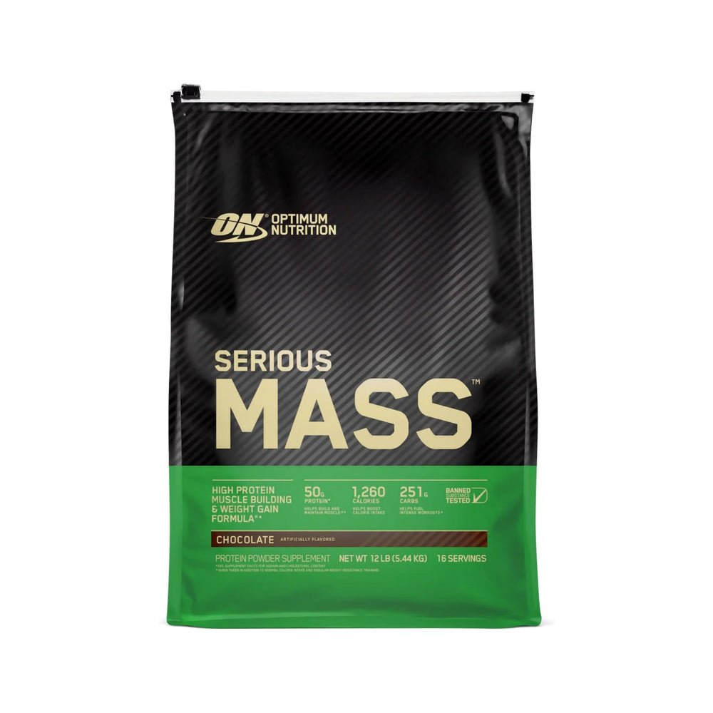 A 12 lb bag of Optimum Nutrition Serious Mass chocolate flavored protein powder, featuring a black and green design with gold lettering, set against a plain white background.