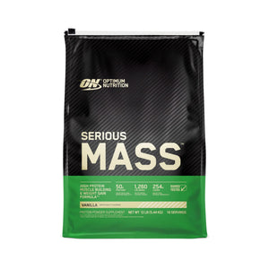 A 12 lb bag of Optimum Nutrition Serious Mass Vanilla flavor protein powder supplement, featuring a black and green bag with white text.