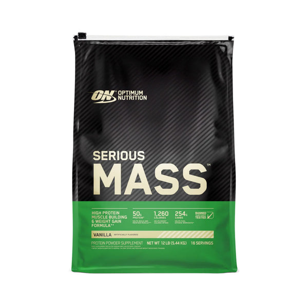 A 12 lb bag of Optimum Nutrition Serious Mass Vanilla flavor protein powder supplement, featuring a black and green bag with white text.