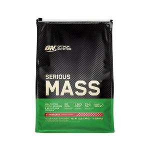 A bag of Optimum Nutrition Serious Mass protein powder in strawberry flavor, featuring a black and dark gray textured design with a prominent green band at the bottom.