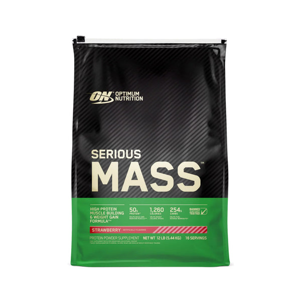 A bag of Optimum Nutrition Serious Mass protein powder in strawberry flavor, featuring a black and dark gray textured design with a prominent green band at the bottom.