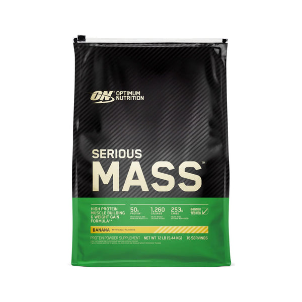 A 12 lb bag of Optimum Nutrition Serious Mass banana-flavored protein powder supplement, featuring a black and green packaging design with white text.