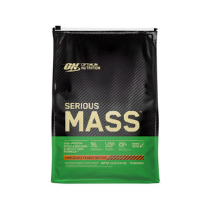 A bag of Optimum Nutrition Serious Mass chocolate peanut butter protein powder supplement, featuring a black and green design with gold lettering, on a plain white background.